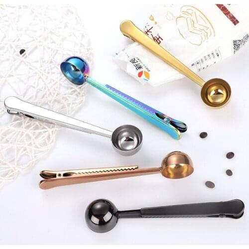 Coffee Scoops Multifunctional Stainless Steel Coffee Measuring Scoop With Bag Sealer Clips Tea Measuring Spoon Kitchen Tool