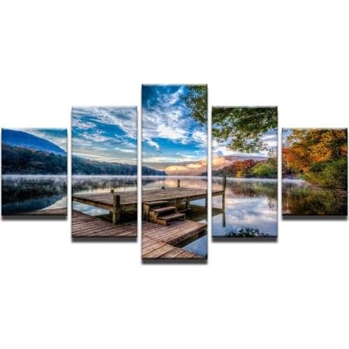 Modular Picture Frame 5 Panel Lake And Bridge Landscape Canvas Wall Art Picture Canvas Painting Modern Living Room Decorative