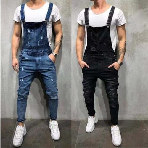 Mens Ripped British Style Jumpsui Jeans Slim Fit Siamese Trousers Street Distressed Denim Bib Pencil Overalls Pants MAN