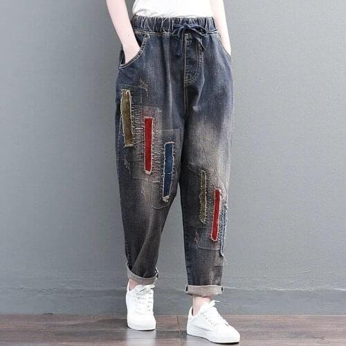 Plus Size Patch Jeans Women Fashion Vintage Folk-custom Elastic Waist Loose Denim Harem Pants Female Spring Fall LU2066