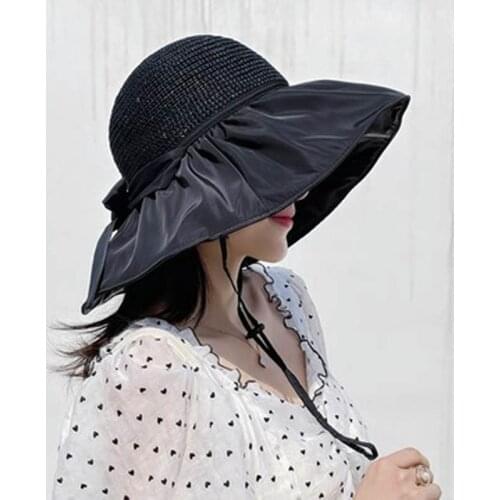 Black Glue Bow Sunshade Hat Woman Summer Hollow Straw Hat uv Large-Brimmed Knitted Sunblock Fishermans Hat