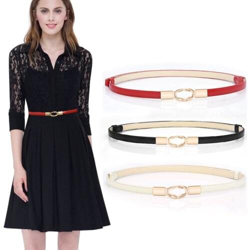Gold Buckle Thin Belt for Dress Adjustable PU Leather Women Belt Red White Black Ladies Dress Belt centure femme