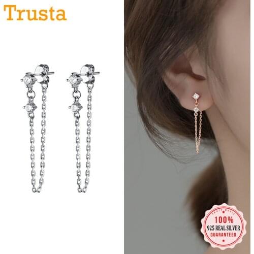 Trustdavis Real 925 Sterling Silver Fashion Creative Chain Links Shiny CZ Stud Earrings For Women Wedding Party Jewelry DB991