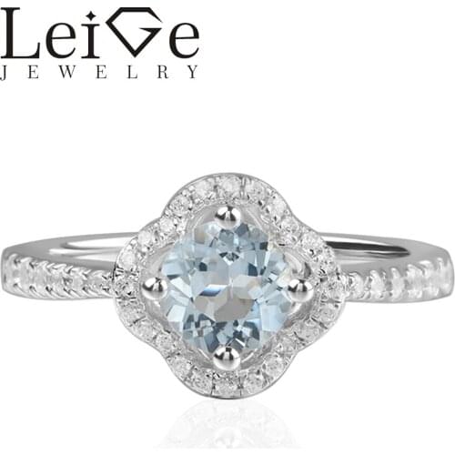 Leige Jewelry Natural Aquamarine Round Shape Engagement Proposal Rings For Woman Romantic Gifts March Birthstone 925 Silver