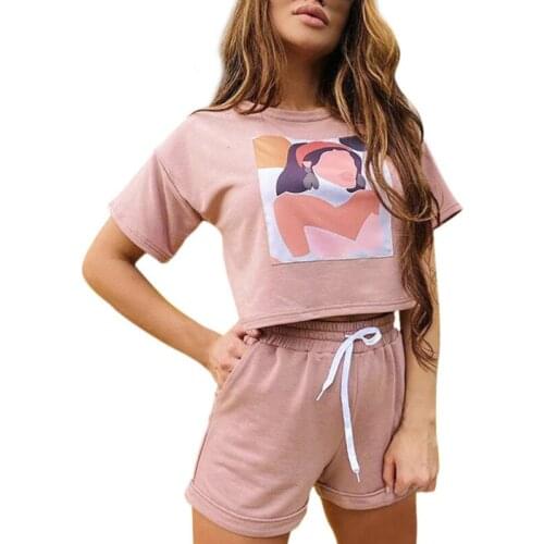 Womens 2021 Summer Two-piece Ladies Casual Suit Printed Round Neck Short Sleeve High Quality Cartoon Short Sleeve T-Shirt Set