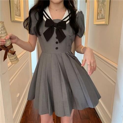 Japanese Academic Sailor Collar Girls Skirt 2020 Summer New Western Bow Hipster Dress Women sweet Lolita dress princess