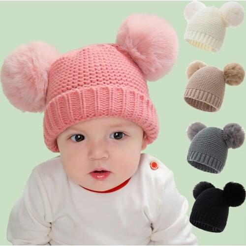 1PCS Winter Newborn Infant Baby Hats Cute Solid Beanie Double Hair Ball Thermal Windproof Children Woolen Protection Caps