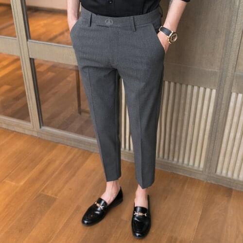 2021 Summer Casual Pants Men Slim Fit Business Dress Pants Crown Embroidery Office Social Streetwear Ankle Length Trousers Gray
