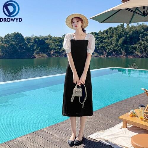 2021 Summer Vintage Women Dress Short Sleeve Square Collar Gauze Spliced Long Dress Elegant Fashion Ladies Beach Party Vestidos