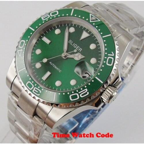 40mm Bliger NH35 Miyota 8215 Automatic Movement Mens Wristwatch Green Dial Sapphire Glass Date luminous marks rotating bezel