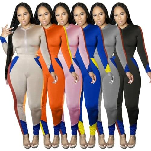 51F123European and American womens fashion tight splicing two piece splicing leisure sports suit hooded suit tracksuit women