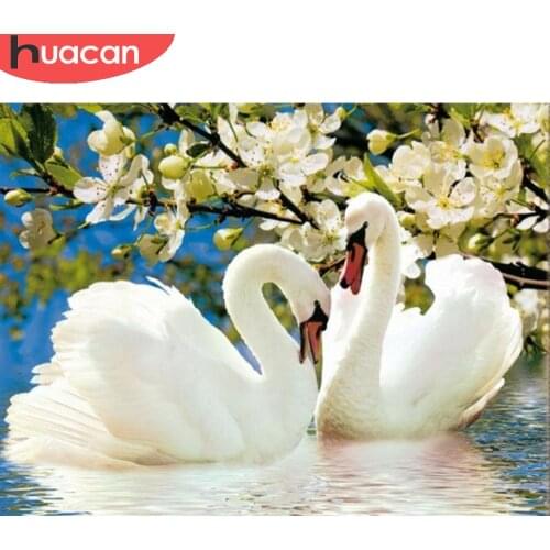 HUACAN Full Drill Diamond Painting Swan Cross Stitch Diamond Embroidery Animal Mosaic Cherry Blossoms Home Art