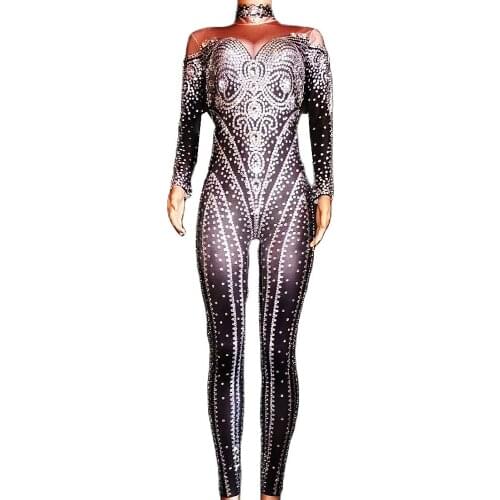 Shining Rhinestones Women Skinny Stretch Jumpsuits Long Sleeve Prom Party Birthday Celebrate Black Bodysuits Nightclub Costumes