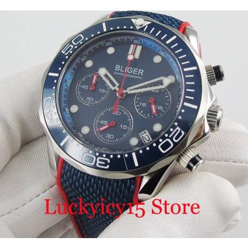 BLIGER Quartz Men Watch Chronograph Function Date Window 41mm Case Blue Dial Sapphire Glass Ceramic Bezel Rubber Strap
