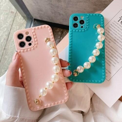 Candy Color Love Heart Phone Case for iPhone 11 12 12 Pro Max XS Max X XR 7 8 Plus Cute Pearl Bracelet Soft Tpu Back Cover