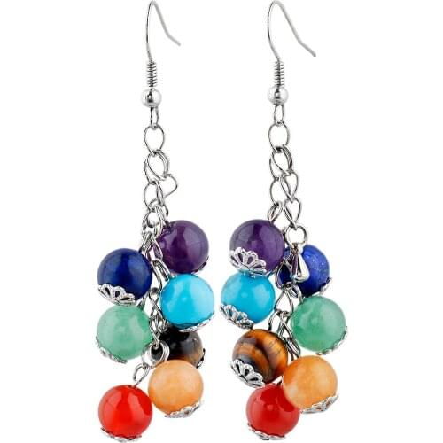 Long Chain 7 Chakra Tree Of Life Dangle Earring Natural Round Stone Bead Drop Earring Boho Style Women Jewelry Sweet Girls Gift