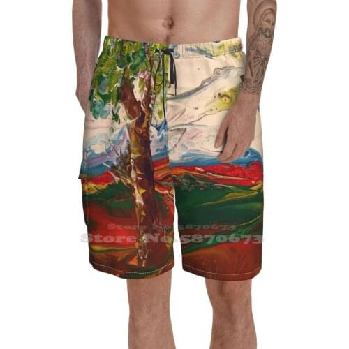 Hot Summer Day Running Swimming Fitness Sports Shorts Mountain Tree Red Landscape Abstract Clouds Botanical Fluid Acrylic Pour