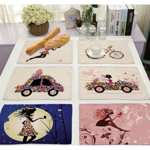 Flower Butterfly Girl Cotton Linen Pad Pattern Kitchen Placemat Bowl Cup Mat Dining Table Mats Coaster 42*32cm Home Decor PM0043