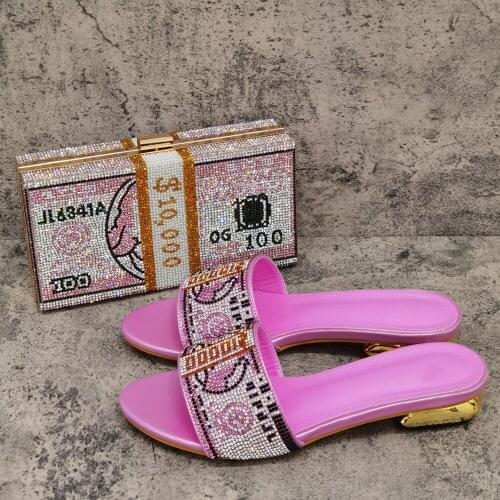 Beautiful Pink Low Heel 2.3CM Women Shoes Match Purse With Rhinestone Decoration African Handbag Set CR663