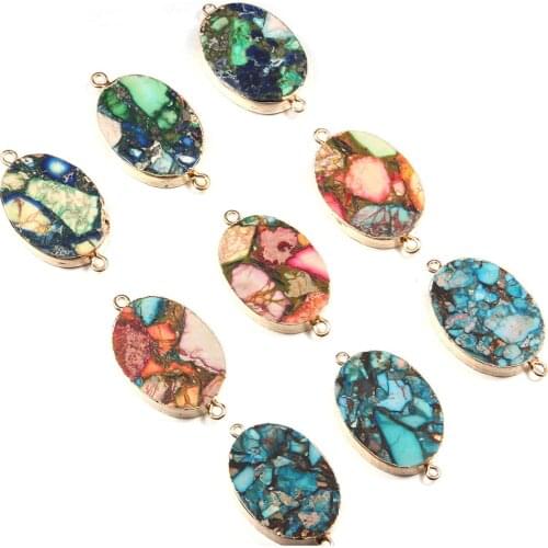 Natural Stone Egg Shaped Multicolor Emperor Stone Pendant Connector Charm Pendant for DIY Jewelry Making 25x45x7mm