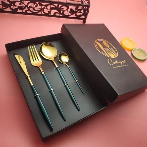 Hot Portuguese style green gold 304 stainless steel tableware set table knife table fork table spoon Kitchenware dinnerware