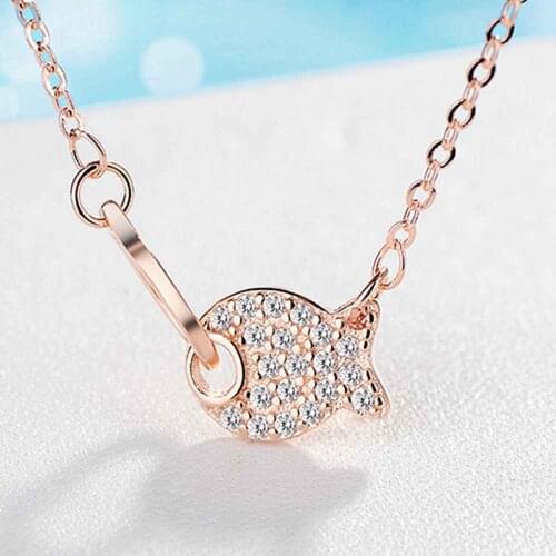 Lovely Cute Fish Rhinestone Pendant Necklace For Girls 925 Sterling Silver Wedding Jewelry 18 inch Chain Necklace