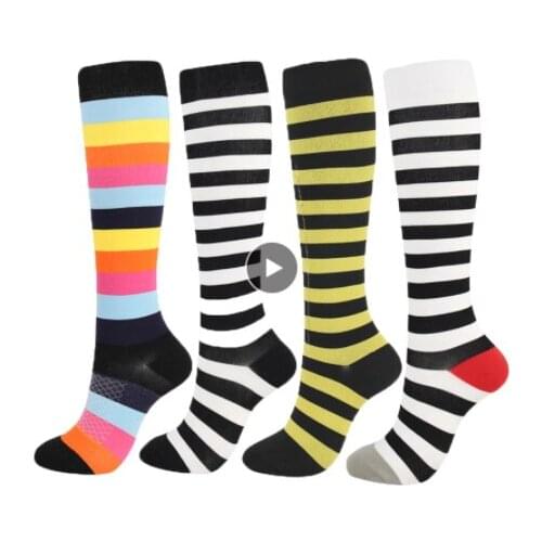 Men Women Colorful Stripe Sports Compression Socks Fit For Running Antifigue Unisex Outdoor Cycling Long Pressure Stockings High