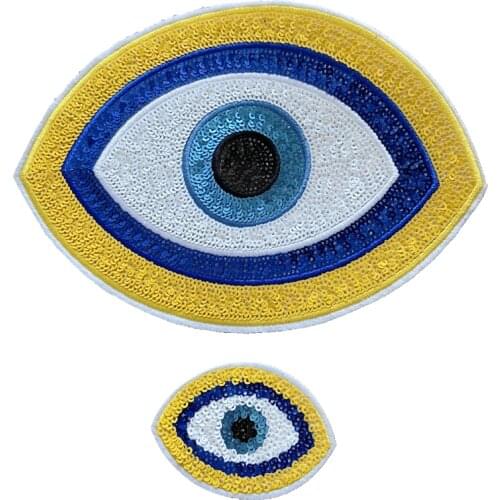2020 New 1Set (1 Big+1 Small) Evil Eye Sequined Patches Sew on Iron on Sequins Eyeball Embroidery Applique Sewing DIY Decoration