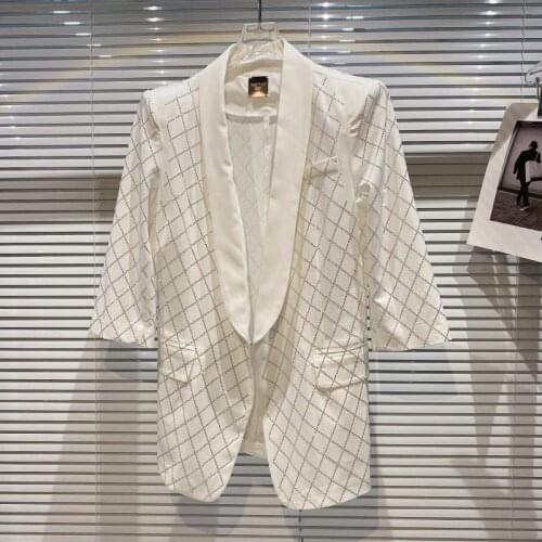 2021 summer new suit womens fashion diamond grid rhinestone hot rhinestone sleeve thin temperament jacket