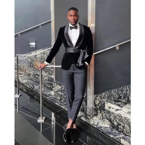 New Arrival Black Shawl Lapel Men Suits With Belt Wedding Groom Tuxedos Prom Terno Masculino Blazer 2 Pieces Costume Homme