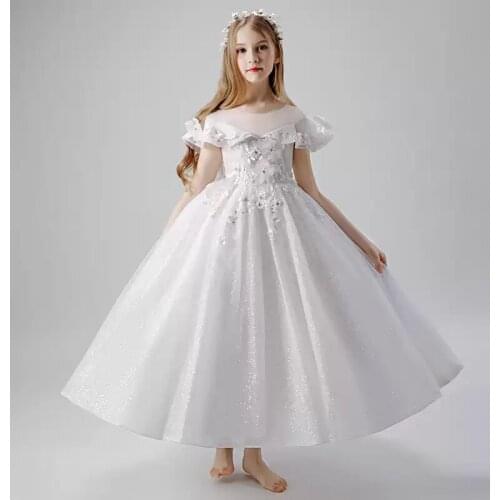 Flower Girl Dresses Short Appliques Crystal Sequined Embroidery O-Neck Princess Floor-Length Tulle White Kids Party Gown H492