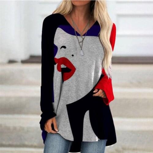 40#рубашка женская Women Blouses Face Abstract Print Sexy Long Sleeve V-neck Shirt Loose Top Harajuku Plus Size Spring Shirts