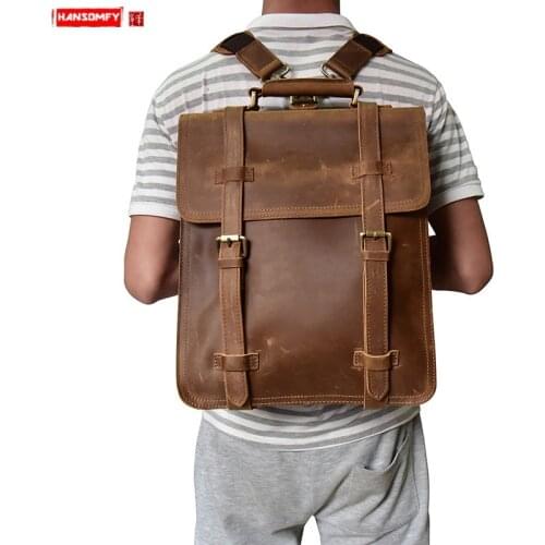 Men Crazy Horse Backpack Backpack Cowhide Casual Computer Backpacks European and American Style Retro Genuine Leather Solid Bag
