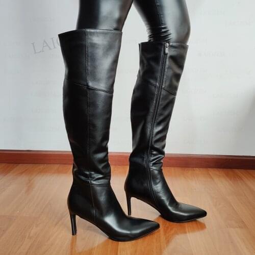 LAIGZEM Women Knee High Boots Genuine Leather 8CM Thick Heels Tall Boots Side Up Black Ladies Shoes Woman Big Size 33 39 41 42