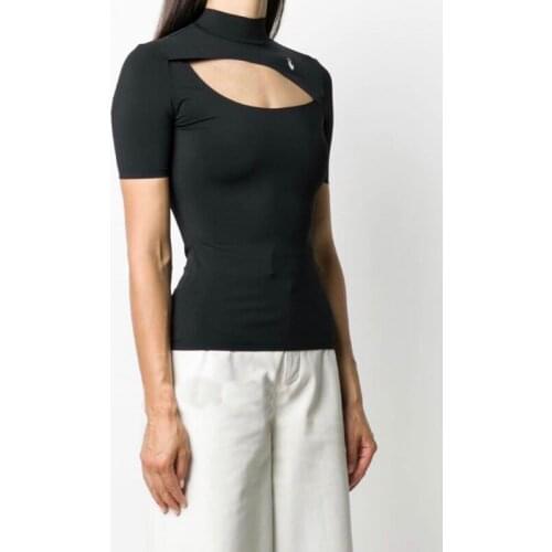 Sexy 9.15 Hollow Women Out T-shirt Tops Ladies Fashion High Neck Short Sleeve Slim Black Elastic Tee 2021 New