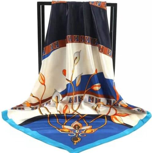AMYO 90CM Square Scarf Silk Satin Bandana Women Flower Print Summer Bag Wrap Indian Muslim Islamic Kerchief