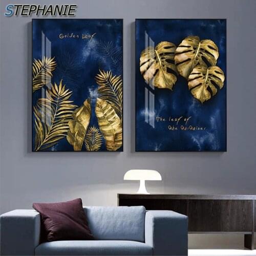Contemporary Golden Monstera Leaf Canvas Modern Plants Poster Print Nordic Luxury Painting Decorative Picture Living Room Decor