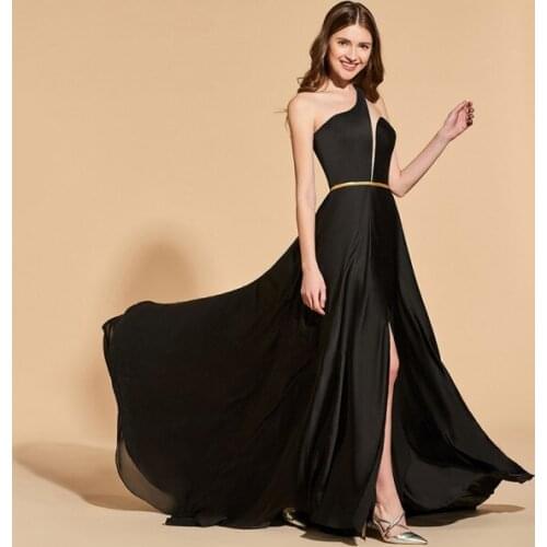 Tanpell one shoulder split front prom dresses black floor length a line dress women empire formal evening plus custom prom gown