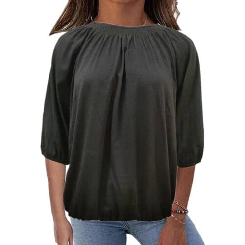 Summer Autumn Women Casual Pleat Solid Color Half Sleeve T Shirt Loose Vintage Fashion Plus Size Round Neck Pullover Shirts Tops