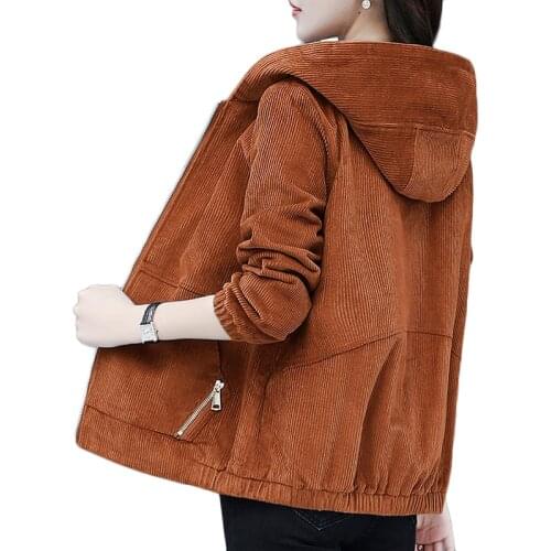 Women Corduroy Jacket Spring Autumn Wear Hooded Parka Overcoat Plus Size Baseball Uniform Womens Casual Trench Coats Lined 4XL
