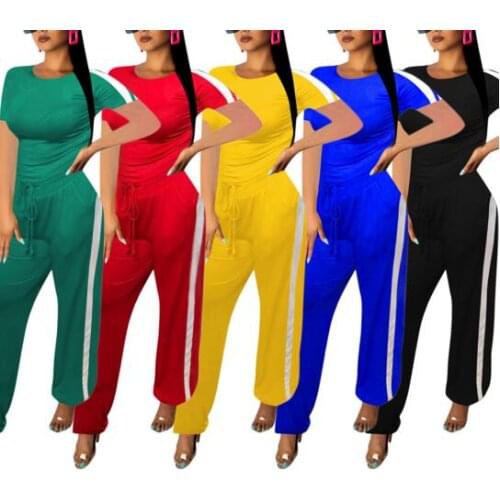 2021 women tracksuit new short sleeve stripes splicing o-neck tee top straight pants suit 2pcs set sporty outfit jumpsuit