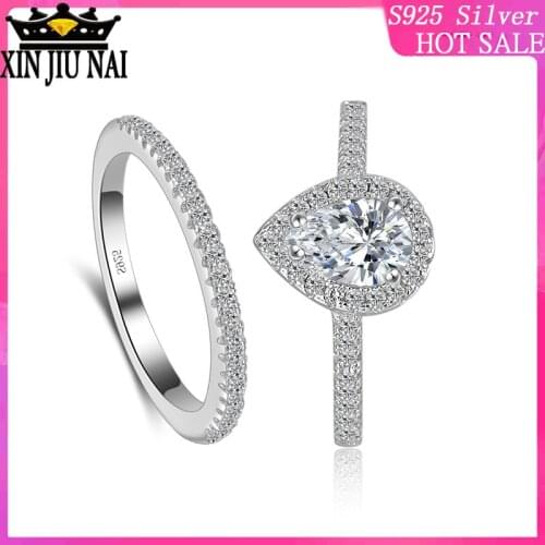 Real 925 sterling-silver 2/ sets ater Drop Rings For Women White & Pink Colors Bridal Wedding Engagement Ring Fine Jewelry