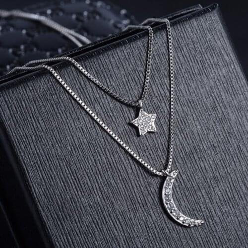 Exquisite Sterling Silver 925 Star Moon Pendants Necklaces for Women Double Layer AAA Cubic Zircon Chokers Necklace Jewelry