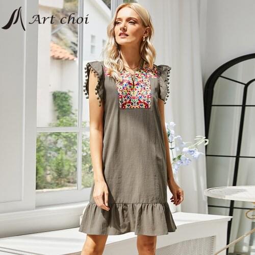 2021 Elegant Women Embroidery Dress Summer A Line Ruffle Tassel Sleeveless Chinese Style Office Ladies Bodycon Party Vestido