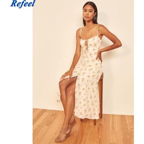 Vintage stylish spaghetti strap lining dress women floral print summer reform chic rayon beach split dress ladies vestidos