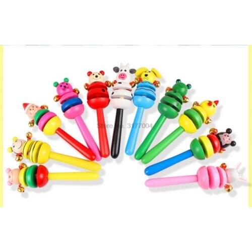 DHL 200pcs Wooden Cute Animal Shaking Handbell Rattle Sound Toy Musical Instrument Gift for Baby Kid Child Toys For Fun