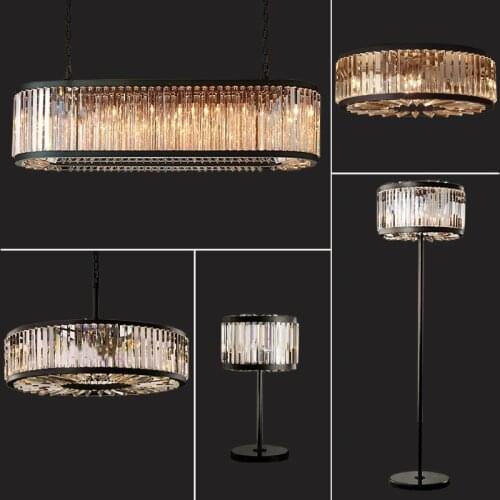 American RH Oval Black Metal E14 Led Pendant Lamp Dining Room Chain Hanging Pendant Light Lustre K9 Crystal Adjustable DropLight