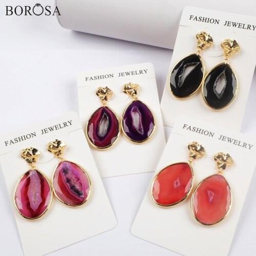 BOROSA 4Pairs Gold/Silver Color Drop Shape Agates Slice Drop Earring Gems Rainbow Agates Druzy Slice Earrings Jewelry WX1176