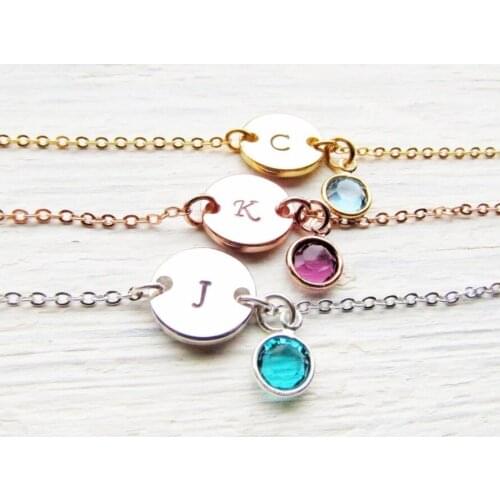 Custom birthday Initial Birthstone Bracelet, Personalized Letter Coin and Birth Stone Charm Bracelets for mothers day mom gifts