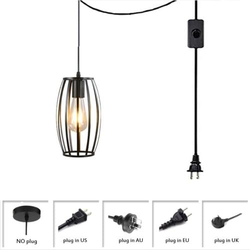 Black Plug In Pendant Light Fixtures Metal Hanging Light Fixtures with Plug with Adjustable Plug In Cord and Switch Pendant Lamp